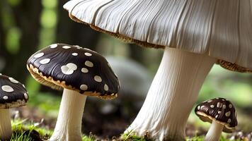 Swarms of realistic mushrooms illustration by blurred background created with technology photo