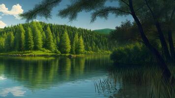 Scenic nature landscape reflection green trees foliage by mountain hills view created with technology photo