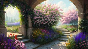 Wonderful minimalist flowers garden environment created with technology photo