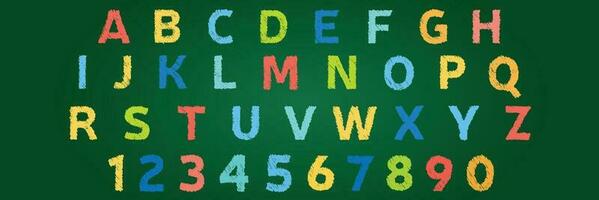 vistoso colegio tiza cuadrado forma letras y números. multicolor texto Bienvenido espalda en verde pizarra vector