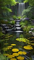 Beautiful colorful summer spring nature pond environment by green foliage of trees created with generative ai technology photo