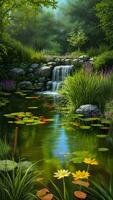 Beautiful colorful summer spring nature pond environment by green foliage of trees created with generative ai technology photo