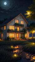 Shining moon in realistic exterior house at night environment created with technology photo
