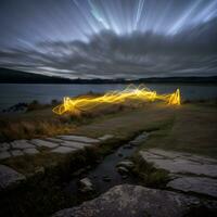 Flame light painting landscape with beautiful motion clouds created with generative ai technology photo