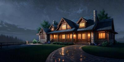 Night house outdoor exterior in realistic illustration environment created with generative ai technology photo