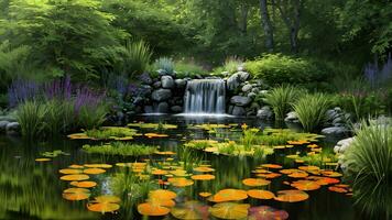 Beautiful colorful summer spring nature pond environment by green foliage of trees created with generative ai technology photo