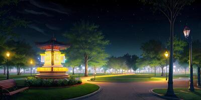 Shining warm bright in realistic night park environment created with generative ai technology photo