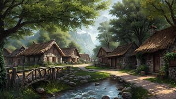 Photorealistic 3d illustration of an village environment in a scenic nature forest on a sunny day created with technology. photo