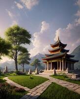 Scenic temple environment by garden foreground created with generative ai technology photo