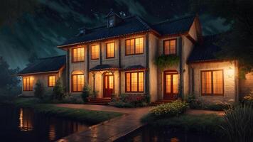 Stunning realistic house exterior at night environment created with generative ai technology photo