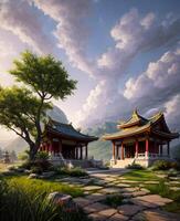Scenic temple environment by garden foreground created with technology photo
