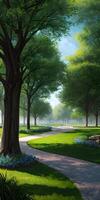 A road in mid green park environment created with generative ai technology photo