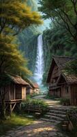 Photorealistic 3d illustration of an village environment in a scenic nature forest on a sunny day created with technology. photo