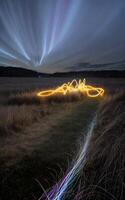 Flame light painting landscape with beautiful motion clouds created with generative ai technology photo