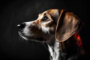 Beagle dog in portrait against black background. Neural network photo