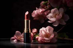 Red lipstick and flowers on a dark background. Neural network photo