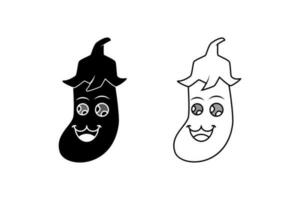 black white happy eggplant mascot illustration. line art, silhouette, cartoon, emoticon, outline style. used for logo, sticker, print, icon, symbol vector