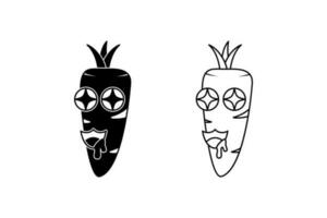 black white carrot mascot illustration. sparkling eyes. silhouette, line art, cartoon, emoticon, outline style. use for logo, sticker, print, icon, symbol vector