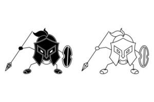 black and white angry spartan cartoon illustration holding spear and shield. silhouette, line and stickman style. use for logo, icon, symbol, sticker vector