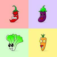 collection of chili, eggplant, carrot, mustard greens mascot illustration. cartoon, emoticon, outline, color style. sad, happy, angry, temted expression. use for logo, sticker, print, icon, symbol vector