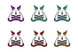 collection of monster face with fangs. purple, green, blue, pink, red and yellow. used for halloween, sticker, logo and t-shirt design vector