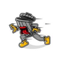 vector illustration of a trash can running and sticking out its tongue. cartoon and mascot style. red, yellow and gray. use for sticker, logo, symbol and print