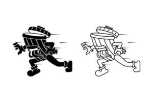 black and white vector illustration of a trash can running and sticking out its tongue. silhouette and line style