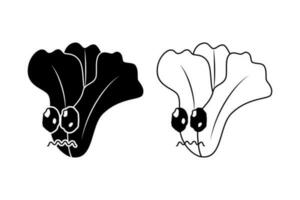 black white sad mustard greens mascot illustration. silhouette, line art, cartoon, emoticon, outline style. use for logo, sticker, print, icon, symbol vector