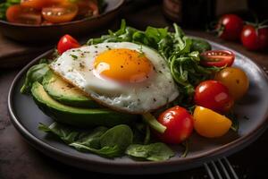 revuelto huevos y vegetal ensalada. neural red ai generado foto