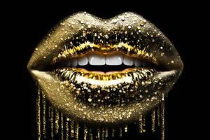 belleza maquillaje dorado lujo labios en un negro antecedentes. neural red ai generado foto