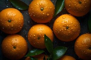 fresh orange fruits with leaves as background, top view. Neural network photo