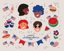 4th July doodle set vector illustration isolated