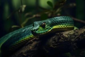Green tropical snake. Neural network photo