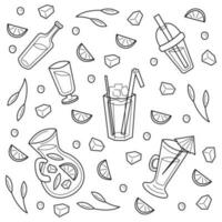 Set with cold drinks in different containers. Doodle black and white vector illustration.