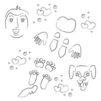 Set with human and dog footprints, human face, dog muzzle. Doodle black and white vector illustration.