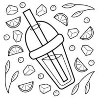 Plastic cup to go with straw and cold drink. Doodle black and white vector illustration.