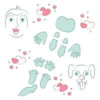 Set with human and dog footprints, human face, dog muzzle. Doodle color vector illustration.