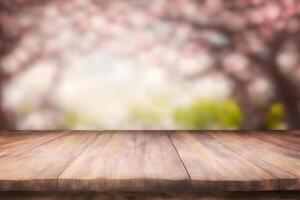 Spring seasonal of pink sakura branch with wooden table stand, flower background. Neural network photo