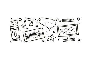 Group of doodle outline podcast icons. vector