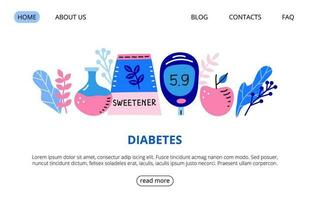 Web page template with big flask, glucometer, sweetener, apple, leaves. vector