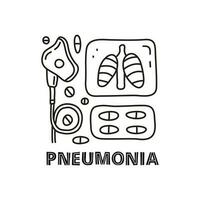 Lettering and group of doodle outline pneumonia icons. vector