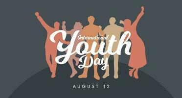 internacional juventud día bandera con caligrafía mano dibujado joven personas silueta vector