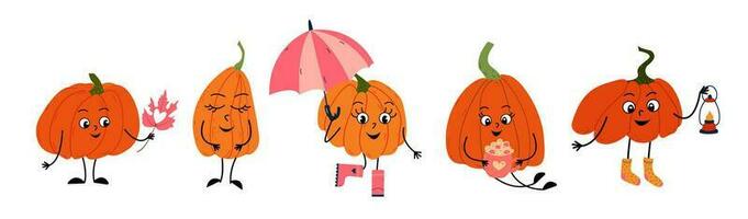 Orange pumpkin character set different shapes. Autumn halloween pumpkin, vegetable graphic icon or print vector