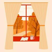 Autumn window. Vector illustration of window with book and coffee. Autumn landscape with trees field