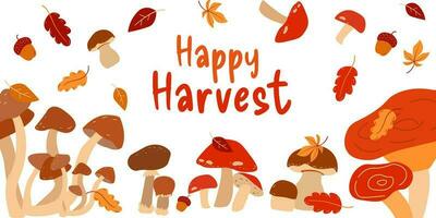 Happy harvest. Autumn illustration with mushrooms and leaves. vector