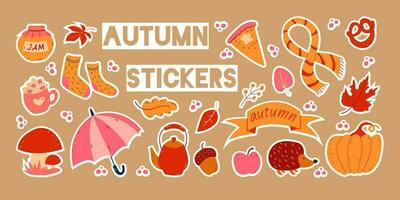 Autumn set of stickers, hand drawn elements- apple, jam, teapot, berries, marshmallow, pie, pumpkin. vector