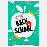 Back to school vector illustration with checkered exercise book in the form of apple and school supplies on the background. Welcome back to school banner or poster for the start of the school year.