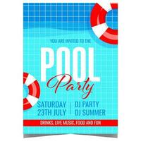 Pool party vector template with inflatable red-white swim rings on pool tile background. Invitation leaflet or flyer, advertising poster or banner for vacation fun and entertainment during the summer.