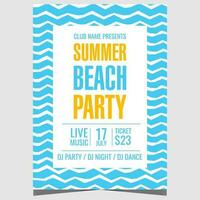Summer beach party design with sea waves on the background. Vector illustration of summer beach party poster, banner or invitation flyer for exotic tropical vacation with friends and family.
