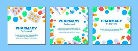 conjunto de farmacia antecedentes. pastillas y drogas diseño. medicina plano vector ilustración